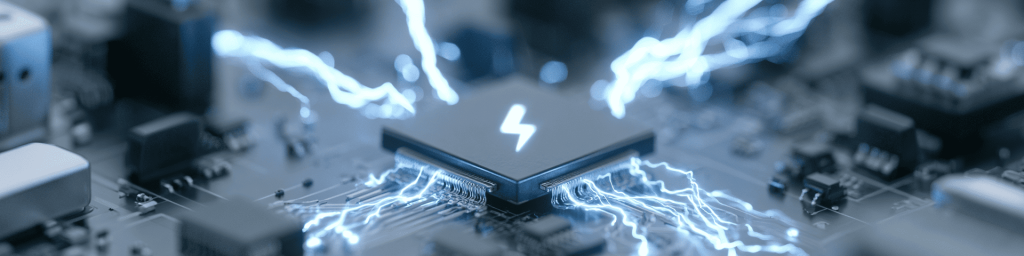 Panoramic blue-toned macro shot of a power IC chip marked with lightning symbol, surrounded by luminous electric energy arcs flowing across printed circuit board components.