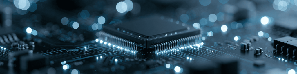 Cool blue semiconductor chip banner with bokeh highlights.