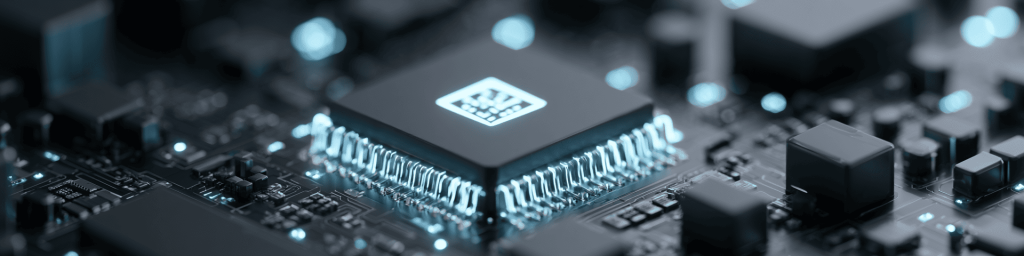 Cool-toned tech banner with a glowing IC chip and blue bokeh.