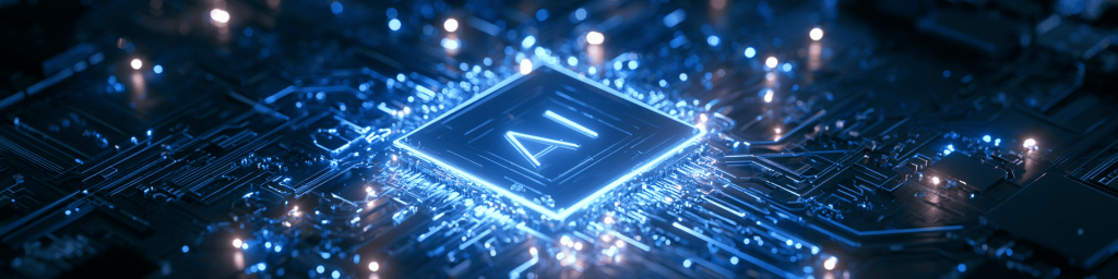 Wide tech banner with a glowing AI microchip on a dark PCB, blue traces, soft bokeh lights.