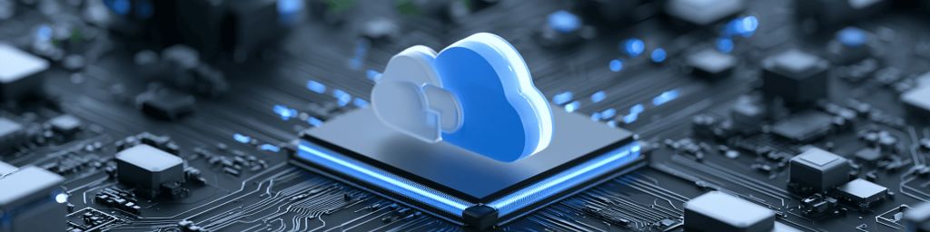 Wide blue-toned tech banner featuring glowing translucent cloud symbol on central processor chip, blurred circuit board components with soft bokeh lights in background.