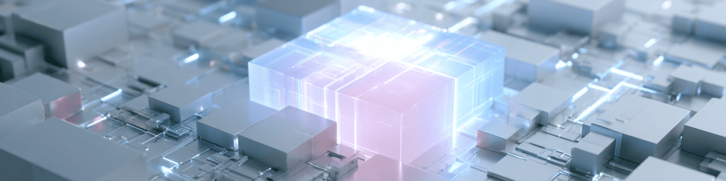 Wide light tech banner: glowing pink-blue chip cube, grey circuit modules & digital traces
