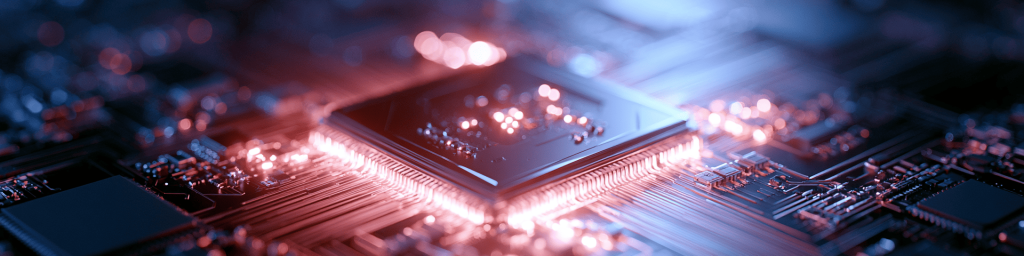 Wide banner close-up of semiconductor chip mounted on PCB, dual red-blue lighting and soft bokeh light spots.