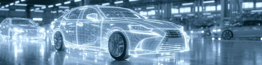 Cool blue panoramic banner: luminous wireframe sedan on reflective floor; blurred factory bokeh lights.
