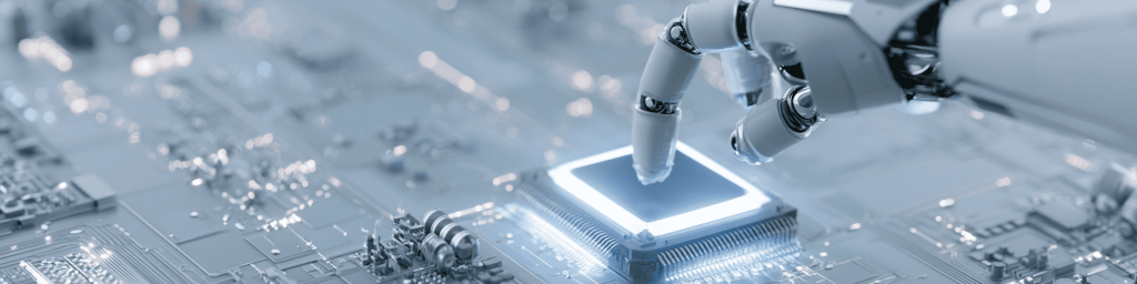 Cool-toned tech banner: robotic arm placing a glowing chip on a circuit board, soft bokeh factory background.