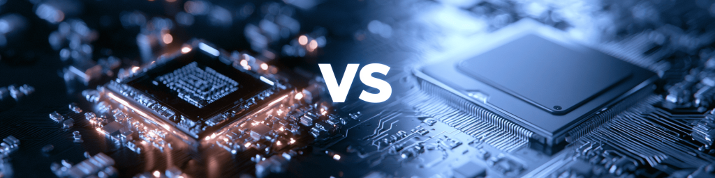Panoramic tech banner featuring two distinct microprocessors on circuit board, white VS text in the middle, dual tone lighting.