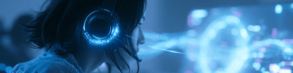 Cool-toned sci-fi headset banner with blue light trails.