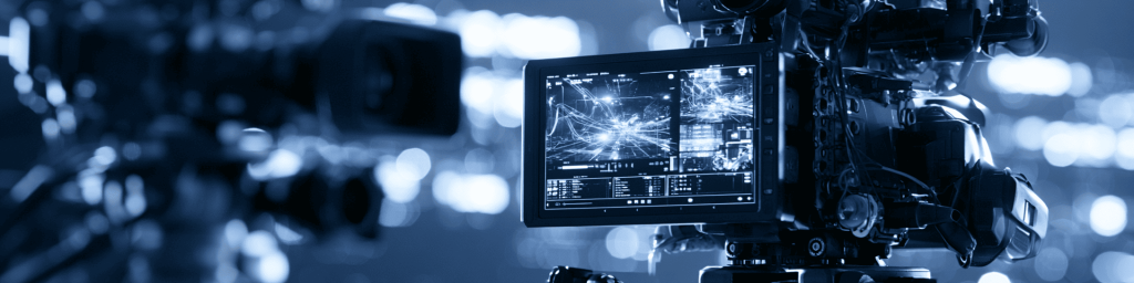 Wide banner: pro video camera with monitor; cool blue monochrome bokeh background.