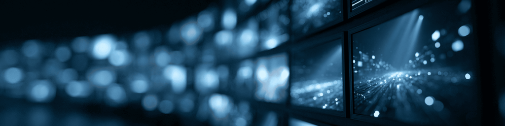Panoramic cool navy banner featuring rows of data display screens, out-of-focus glowing light bokeh and futuristic digital control room atmosphere.