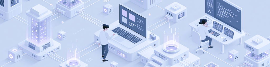 Light purple isometric illustration of two IT specialists at oversized laptops connected to glowing servers and holographic data.