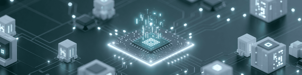 Panoramic teal isometric banner: central microchip with vertical holographic data beam; modular components and glowing PCB traces.