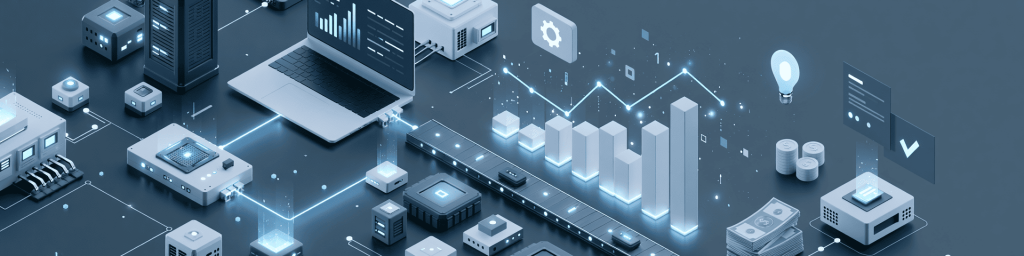 Panoramic isometric 3D scene of a laptop and semiconductor line linked by glowing data and finance icons.