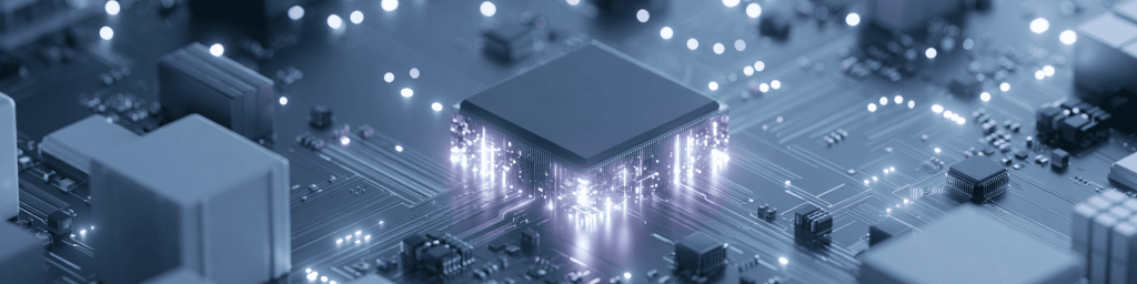 Cool blue tech banner: central CPU chip with purple light streams over a detailed PCB.