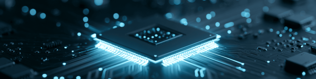 Dark cyan tech banner with a glowing chip, blurred circuits, and blue bokeh.