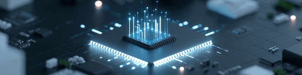 Cool blue panoramic banner: multi-pin chip projecting a glowing data-graph hologram over a dark PCB with bokeh lights.