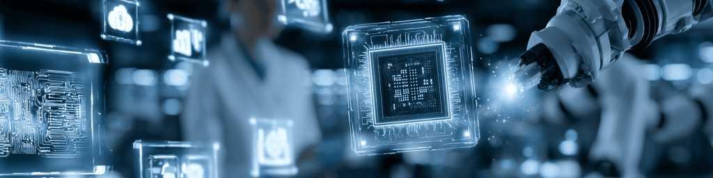 Cool blue banner: industrial robot arm touching a glowing hologram microchip in a blurred lab.