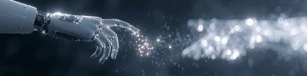 Monochrome banner: robotic hand reaching toward human hand amid glowing particles on a dark background.