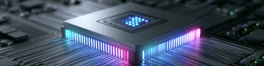 Close-up banner of an advanced semiconductor processor on a PCB, with glowing blue‑pink pins and a luminous core; background electronics softly blurred.