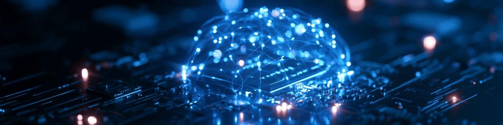 Glowing blue digital brain neural network hologram over circuit motherboard, AI computing wide banner
