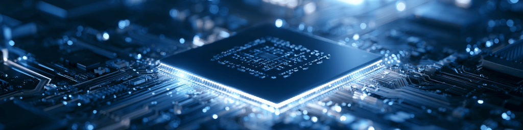 Wide‑format tech banner of glowing edge‑lit AI processor mounted on complex circuit board
