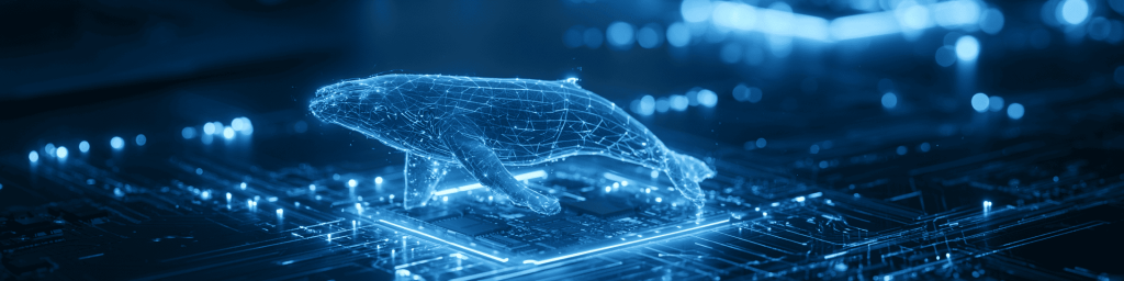 Blue wireframe whale hologram floating over glowing circuit board, tech panoramic banner