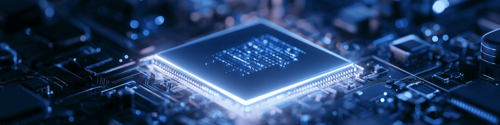 Panoramic blue tech banner featuring glowing semiconductor chip on circuit board with bokeh lights