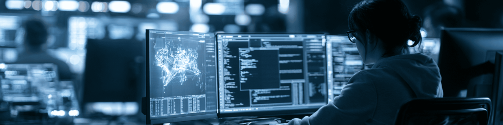 Female IT analyst working with multi‑monitor network data dashboard in dark control room