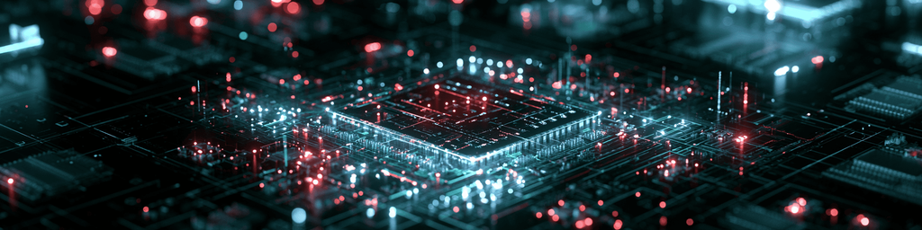 Wide banner of glowing processor chip on circuit board with red and cyan luminous dots