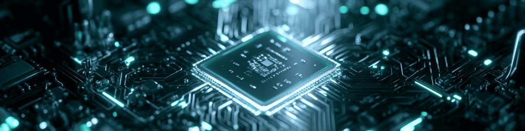 Panoramic teal tech banner showcasing glowing AI semiconductor chip atop intricate circuit board traces