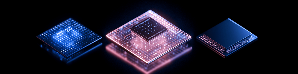 Wide banner showing three distinct glowing microchips with blue and pink luminous effects