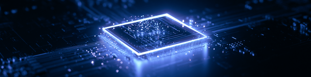 Dark tech banner: neon-edged chip on a circuit board.