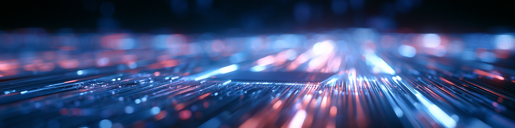 Panoramic blurred microcircuit surface with glowing red and blue light streaks for tech banner