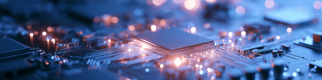 Panoramic banner of microchip with wire bonding on circuit board, mixed warm‑cool glowing bokeh lights