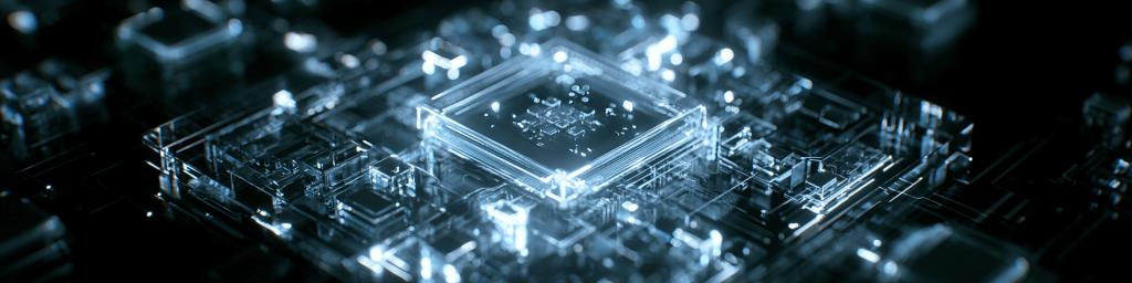 Ultra-wide blue tech banner with a translucent holographic microprocessor and glowing circuits