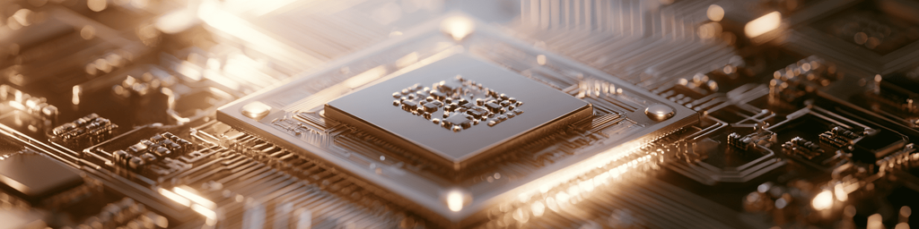 Wide banner close‑up of silicon processor chip on circuit board with warm golden bokeh light