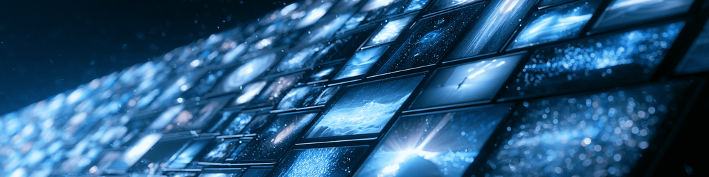 Wide banner of futuristic tiled glowing blue digital data storage panel array