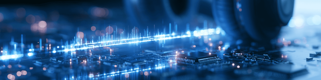 Wide banner of circuit board with glowing blue digital data waveform and soft bokeh lights