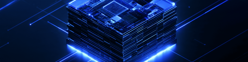 Wide banner of 3D stacked semiconductor chip with glowing blue data streams