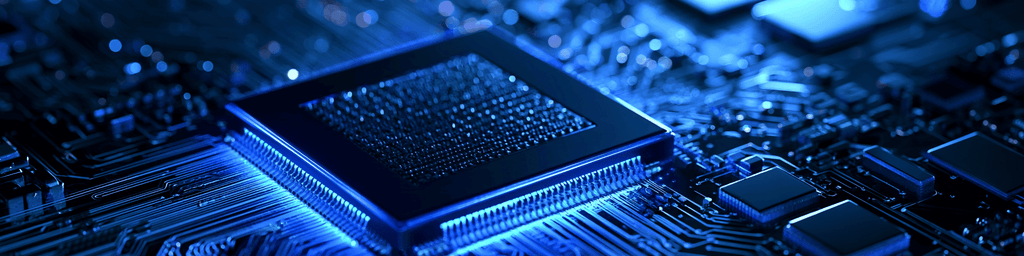 Wide banner of blue glowing CPU chip on dark electronic circuit board
