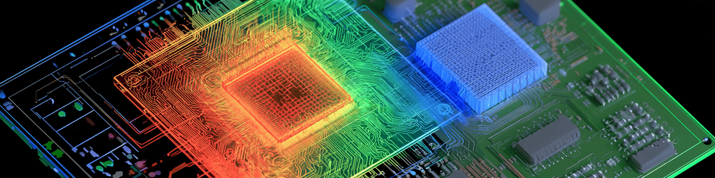 Wide banner showing CPU thermal heatmap visualization on circuit board