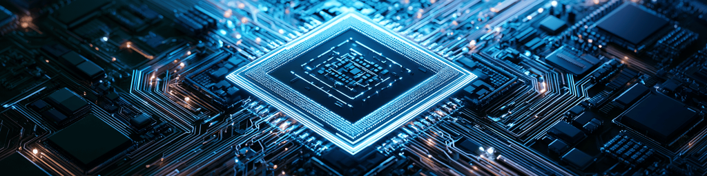 Wide banner of luminous square microchip on intricate circuit board