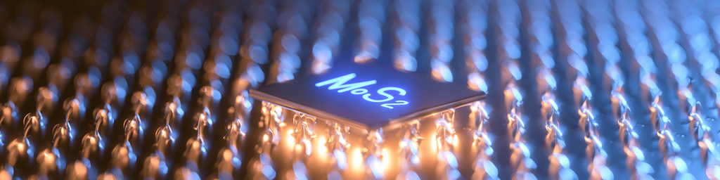 MoS2 two‑dimensional material semiconductor chip with glowing circuit background