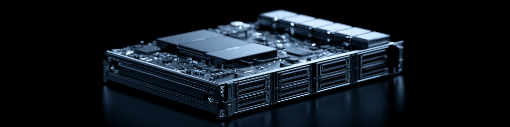 Wide banner shot of rack‑mount AI server unit with processors and storage slots