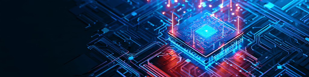 Wide banner of glowing red-blue neon processor on dark circuit board