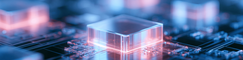 Wide banner of glowing transparent 3D semiconductor package on circuit board