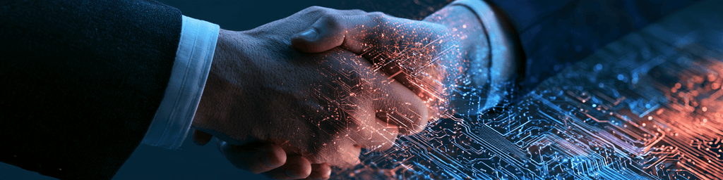 Wide banner of business handshake with glowing digital circuit particle effect