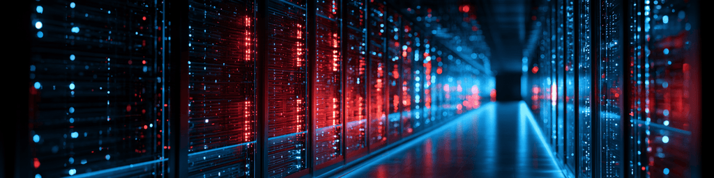 Panoramic data center aisle with server racks and red blue indicator lights