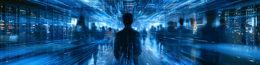 Wide blue data stream with crowd silhouettes in data center
