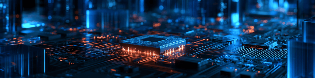 Orange glowing semiconductor chip on wide dark circuit board