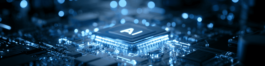 Wide banner glowing AI processor chip mounted on circuit board with blue bokeh lights